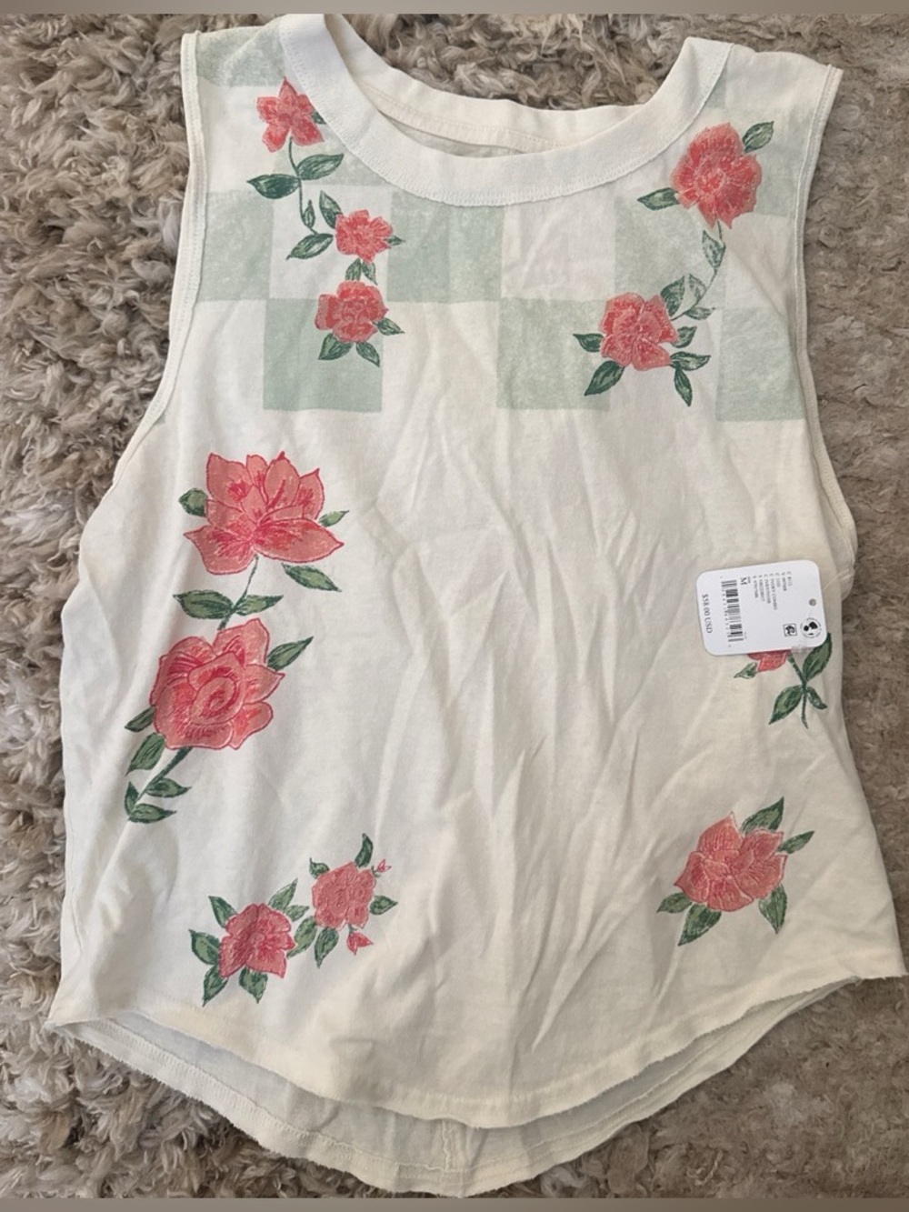 Free People Sleeveless Cream Floral Tank Top with Pink Roses